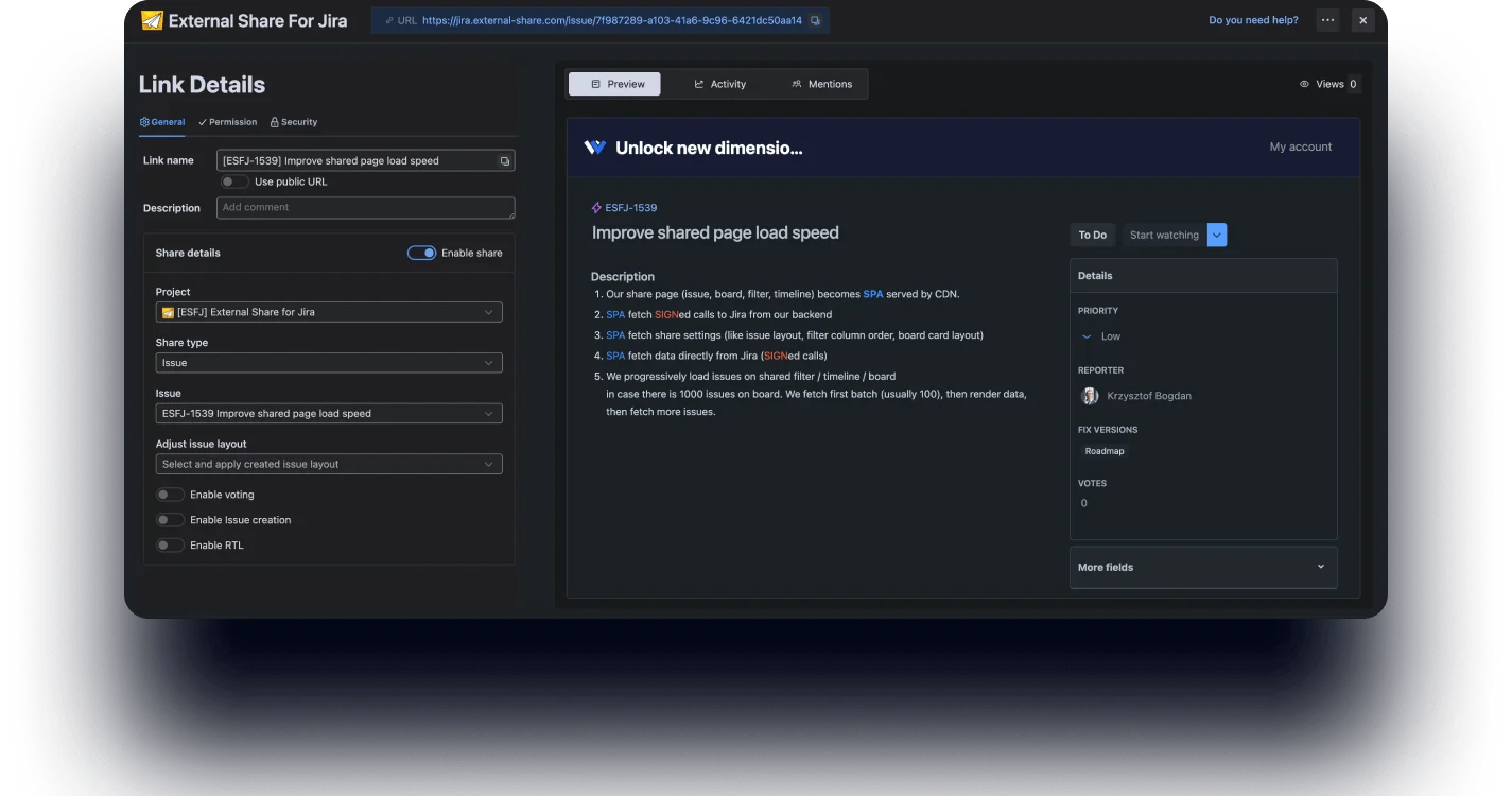External Share for Jira – shared Jira issue view for external users